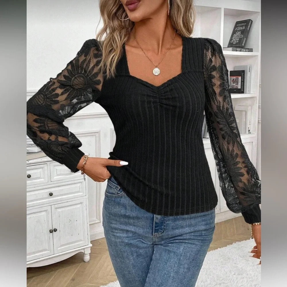 Black Floral Sleeve Sweater Top